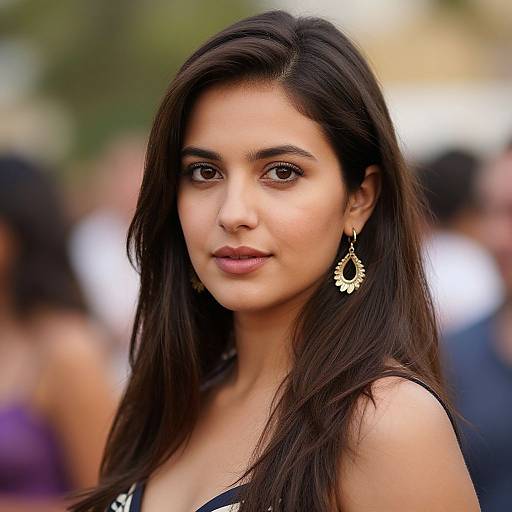 Photograph of a beautiful young woman with long dark brown hair, brown eyes, and medium skin tone, wearing a black top and gold drop earrings,