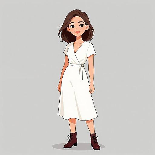 Digital cartoon of a smiling woman with short brown hair, wearing a white wrap dress, black ankle boots, standing against a light blue background.