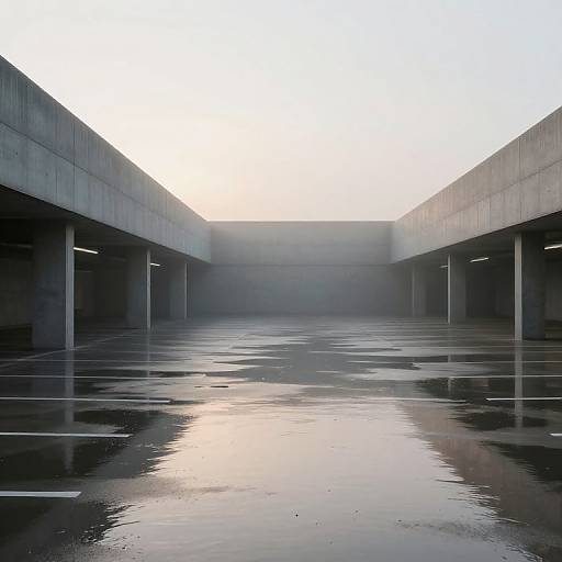 Photograph of a modern, empty concrete parking garage with wet, reflective ground, illuminated by soft sunlight from the back.