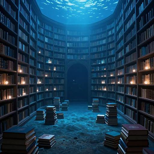 Photograph of a blue-lit, circular library with towering shelves of books, stacks of books on the floor, and warm lanterns.
