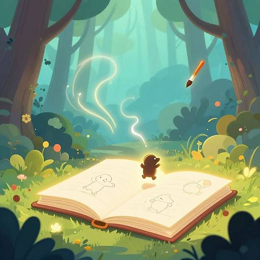 Digital illustration of a forest scene with a glowing, open book on the ground, a small black creature writing on it, and a floating pencil, surrounded