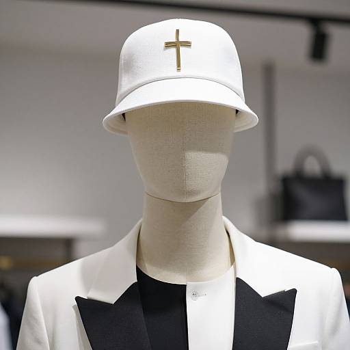 Photograph of a faceless, beige mannequin wearing a white bucket hat with a gold cross and a black-and-white jacket. Blurred background