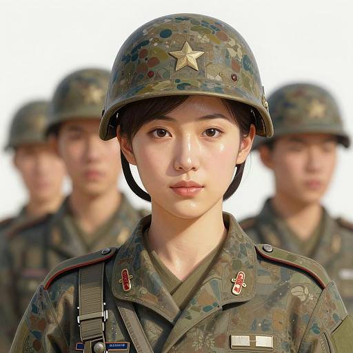 Photograph of three Asian soldiers in camouflage uniforms and helmets, with a central female soldier in focus, wearing a star badge. Blurred male soldiers in