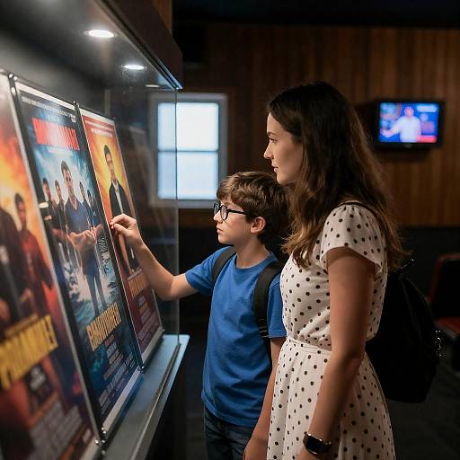 Woman and Boy Looking at Movie Posters