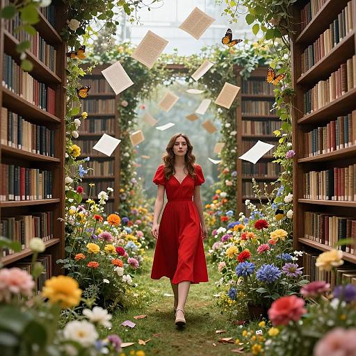 Magical library aisle with vibrant flowers, floating papers, butterflies, and a woman in a red dress walking down the center.