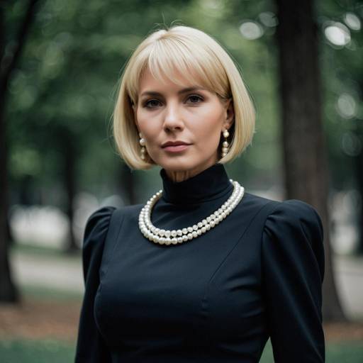 Elegant Woman in Black Dress with Pearl Jewelry