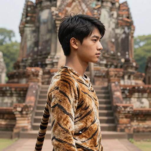 Realistic Male Statue in Tiger Print Temple