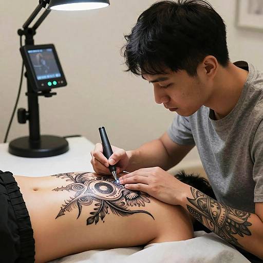 Young Asian man with short black hair tattoos intricate black floral design on a lying-down person's ribcage, under bright lamp.