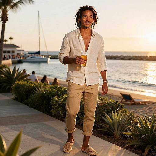 Man Enjoying Sunset at Marina with Beer