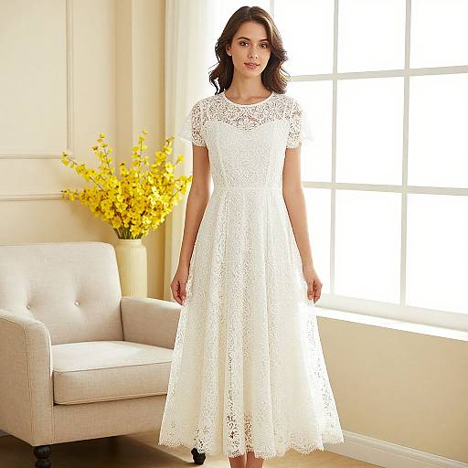 Photograph of a dark-haired woman in a white, lace, short-sleeved, knee-length dress standing in a bright room with yellow flowers and