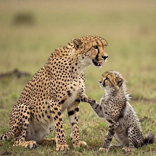 Cheetah Mother and Cub Interaction in Savanna