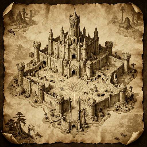 Sepia-toned, intricate medieval castle illustration with detailed architecture, towers, and a circular courtyard, surrounded by fantasy-like landscapes and ancient trees.
