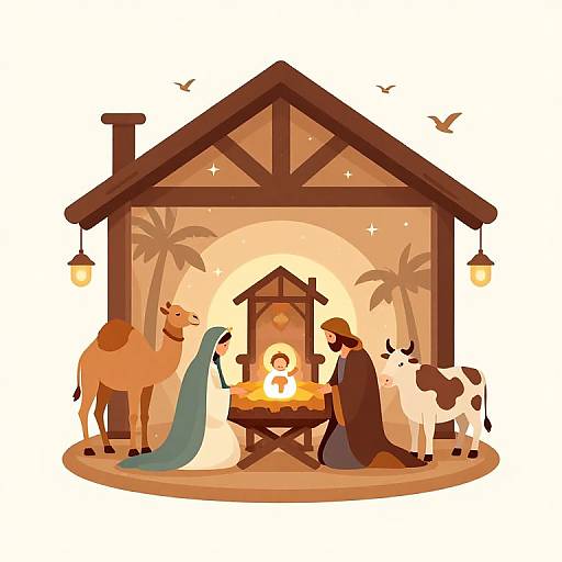 Illustration of a nativity scene with a manger, baby Jesus, Mary, Joseph, camel, peacock, cow, and barn, with