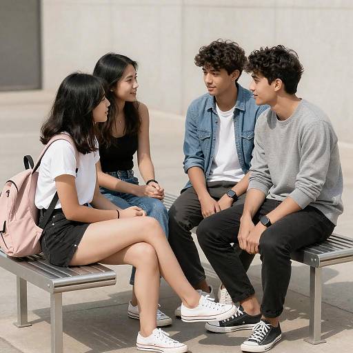 Young Friends Chatting on Metal Benches