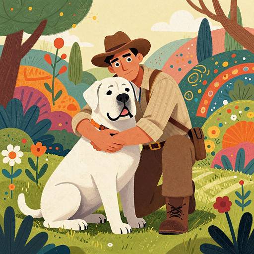 Cartoon illustration of a brown-hatted man in striped shirt and brown pants, hugging a white dog in a colorful, whimsical garden.