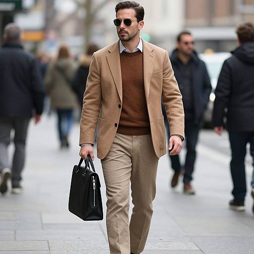 Photograph of a stylish man in a tan blazer, brown sweater, beige pants, sunglasses, and black leather bag, walking confidently in a city