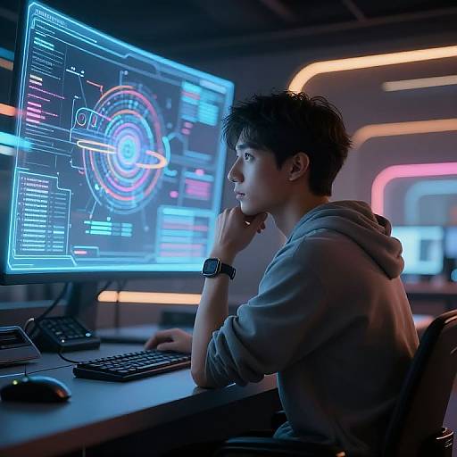 Young Asian male in hoodie, seated at a futuristic desk, intensely focused on glowing blue and pink holographic computer screen.