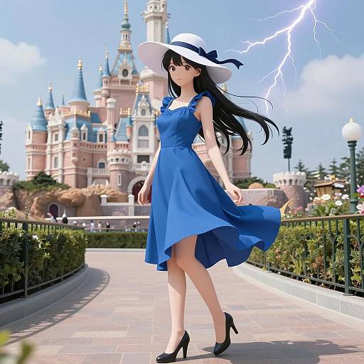 Anime Woman in Blue Dress Near Castle with Lightning