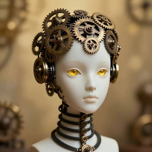 Photograph of a white-faced, yellow-eyed mannequin head adorned with black gears and cogs, wearing a black choker with metal rings,