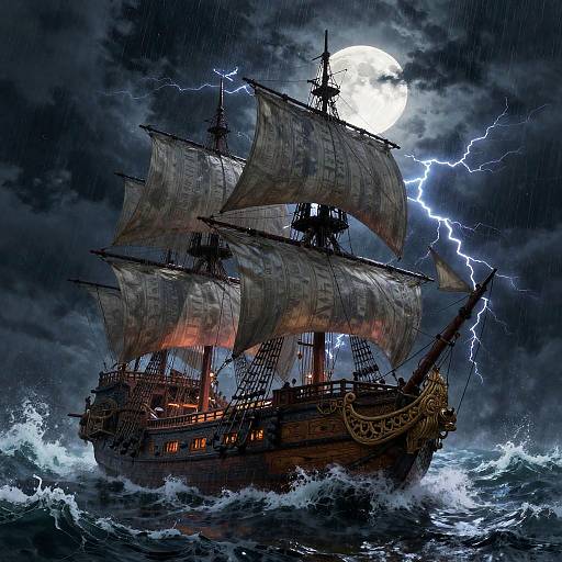 Ancient Ghost Ship in Stormy Night