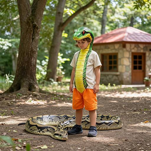 Photograph of a young boy wearing a yellow and green snake hat, white shirt, orange shorts, standing beside a large snake in a forest clearing with