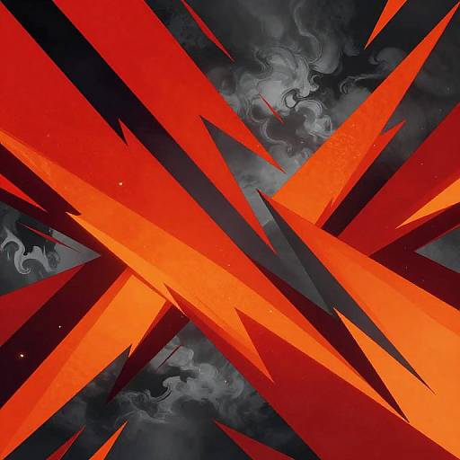 Digital artwork featuring bold, jagged red and orange rays intersecting against a smoky, dark gray background with swirling textures.