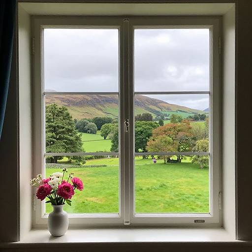 Photograph of a sunlit window with a vibrant green countryside view, featuring hills and trees. A white vase with pink and red flowers sits on the