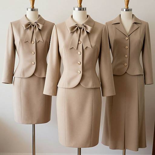 Photograph of three beige, vintage-style women's blazers and skirts on dress forms, each with a large bow at the chest and gold buttons,