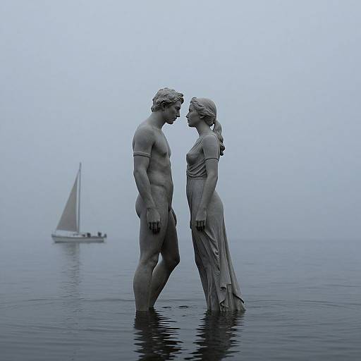 Photograph of a misty sea with a statue of a nude, muscular man and a draped woman facing each other, standing in water, and a