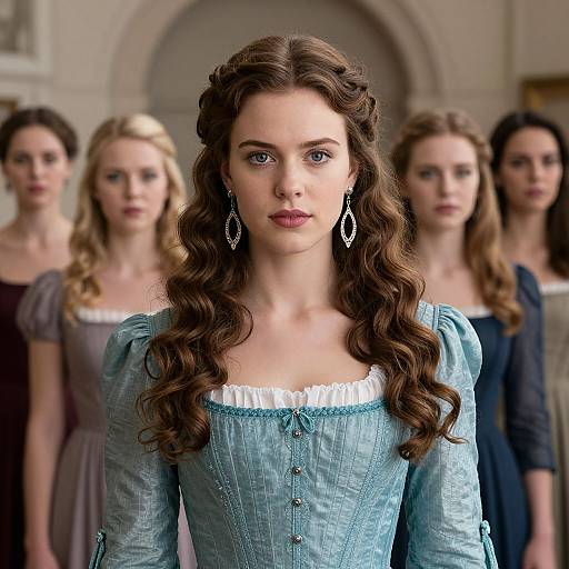 Photograph of a young woman with wavy brown hair, blue eyes, and a light blue, corset-style dress, standing in front of four