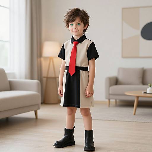 Photorealistic image of a young boy with green eyes, brown curly hair, wearing a black and beige dress, red tie, and black boots,