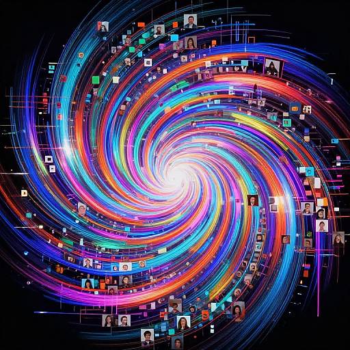 Digital artwork of a vibrant, colorful spiral galaxy with neon blue, orange, and purple rings, interspersed with small, floating square icons against a