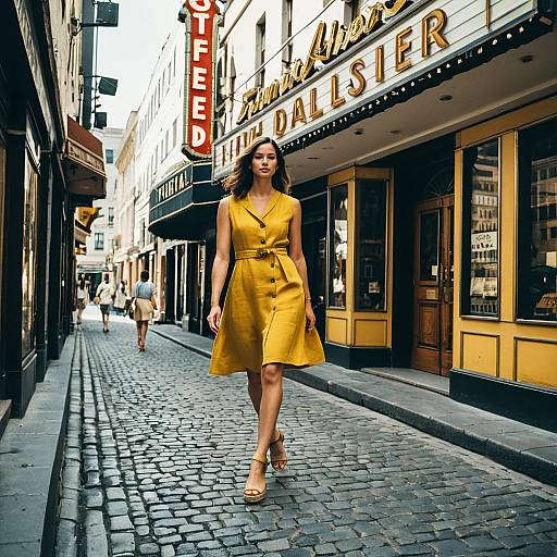 Woman in Yellow Dress Walking on Cobblestone European Street