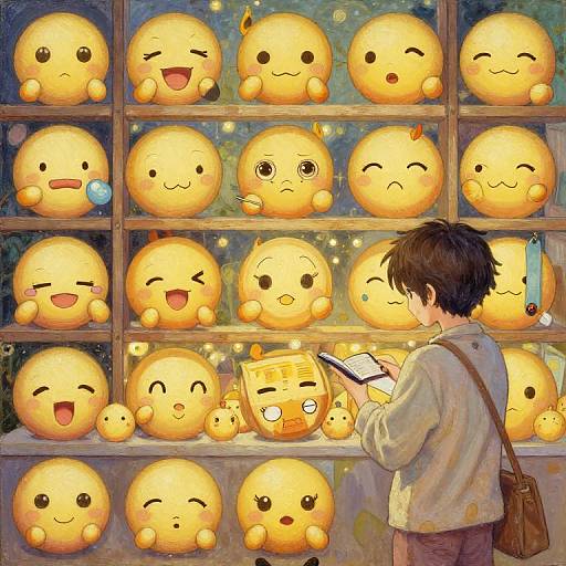 Anime-style digital artwork of a boy with brown hair, wearing a white shirt and brown bag, observing a grid of smiling, expressive yellow emojis with various