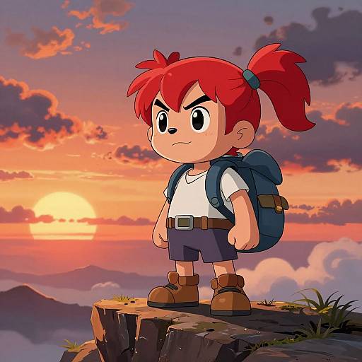 Adventurous Red-Pigtail Cartoon Character