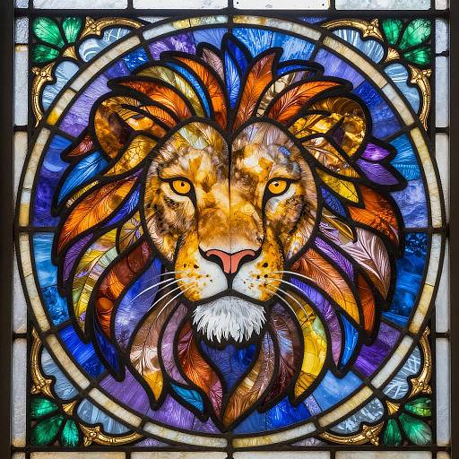 Vibrant Lion's Head Stained Glass Art