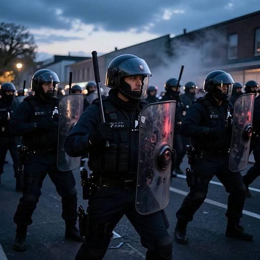 Photograph of armed police officers in black riot gear with helmets and transparent shields, marching in a dimly lit urban street at dusk.