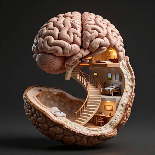 Digital art of a surreal, brain-shaped house with a spiral staircase, warmly lit bedrooms, and a dark background. Organic texture mimics brain folds.