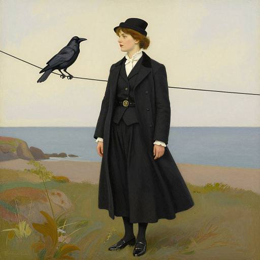 Illustration of a Victorian woman in black outfit and hat, standing on a grassy cliff, with a black crow perched on a wire above her
