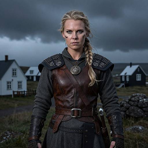 Photograph of a fierce blonde woman in medieval armor, with braided hair, tribal face paint, standing in front of dark, cloudy sky and white
