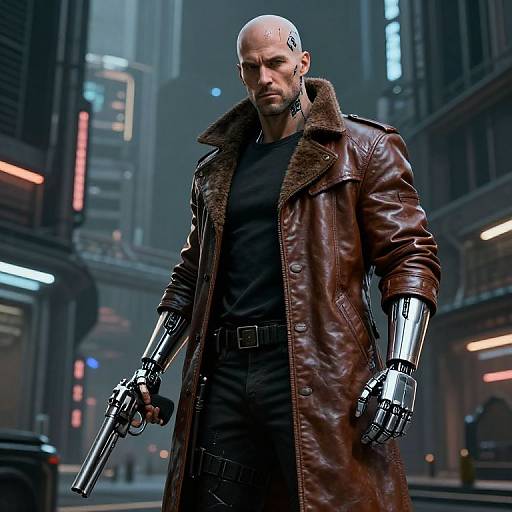 Cybernetic bald man in dark trench coat, black shirt, and metallic gloves, holding guns, in a neon-lit futuristic city. CGI