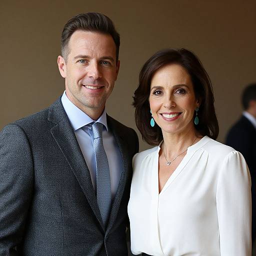Photograph of a smiling middle-aged couple; man in dark suit, blue tie, and white shirt, woman in white blouse, turquoise earrings.
