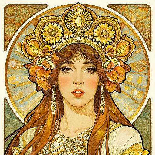 Detailed digital artwork of a fair-skinned woman with long brown hair, wearing a golden floral crown and ornate jewelry, set against a circular sunburst