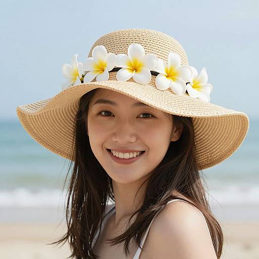 Photograph of a smiling young Asian woman with long black hair, wearing a straw hat adorned with white plumeria flowers, standing on a sunny beach