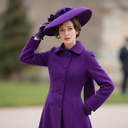 Photograph of a fair-skinned woman with short brown hair, wearing a vibrant purple coat, matching hat, and gloves, standing outdoors.