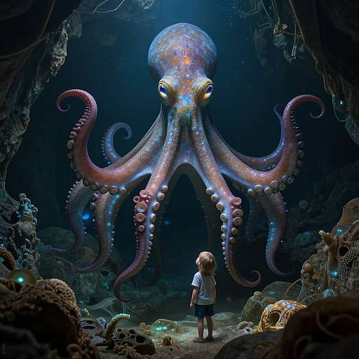 Digital artwork of a small child in white shirt and blue shorts, facing a glowing, star-patterned octopus with outstretched tentacles in an