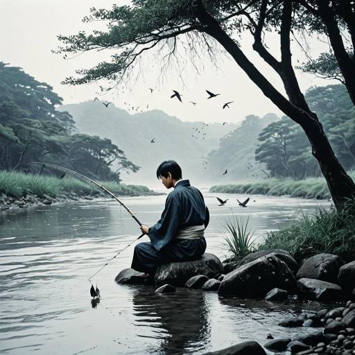 Solitary Fisherman in Kimono by Misty River