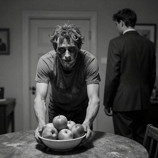 Grotesque Portrait in Dimly Lit Room