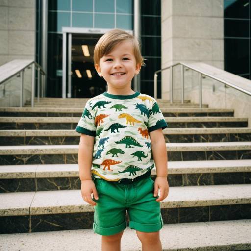Smiling toddler boy in dinosaur print outfit outdoors