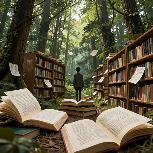 Digital artwork of a forest library: silhouetted figure stands between glowing, open books on floating pages, surrounded by tall trees.